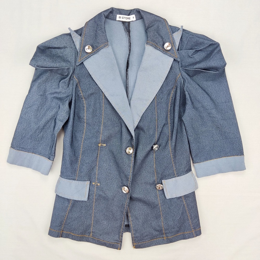Bi Store Blazer Womens‎ S Blue Denim Look Puff Shoulder Double Breasted Stretch